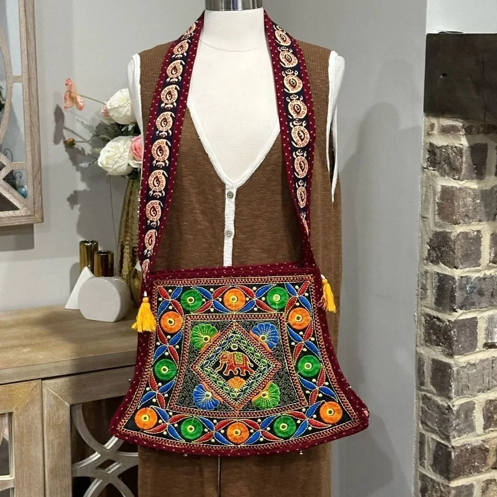RAJASTHANI Bohemian Hand Embroidered Elephant Sling Crossbody Red Jholna Bag
